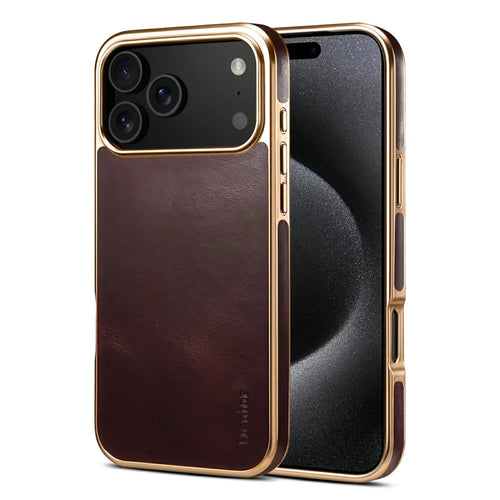 DENIOR A01 For iPhone 17 Pro Max Case Waxy Texture Genuine Cow Leather Electroplating Back Cover - Red - 1