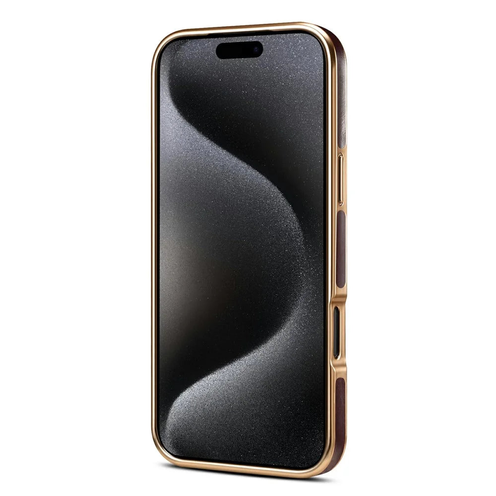 DENIOR A01 For iPhone 17 Pro Max Case Waxy Texture Genuine Cow Leather Electroplating Back Cover - Red - 3