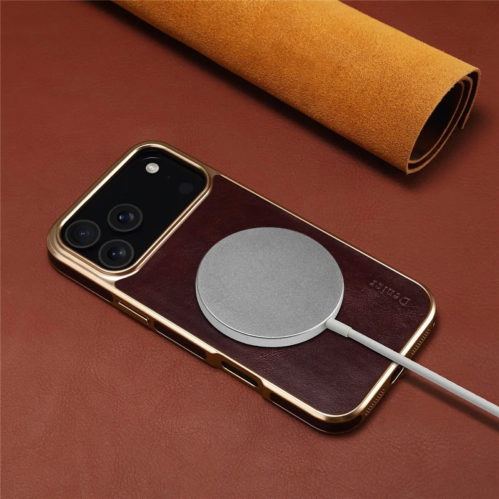 DENIOR A01 For iPhone 17 Pro Max Case Waxy Texture Genuine Cow Leather Electroplating Back Cover - Red - 7