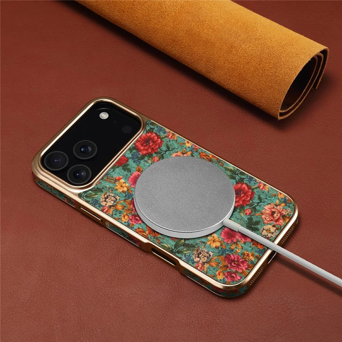 DENIOR For iPhone 17 Pro Case Pattern Printed Electroplating Leather Back Phone Cover - Blue - 7