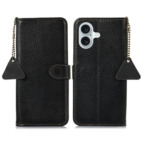 For iPhone 17 Case RFID Blocking Genuine Cow Leather Phone Cover Litchi Texture - Black - 1