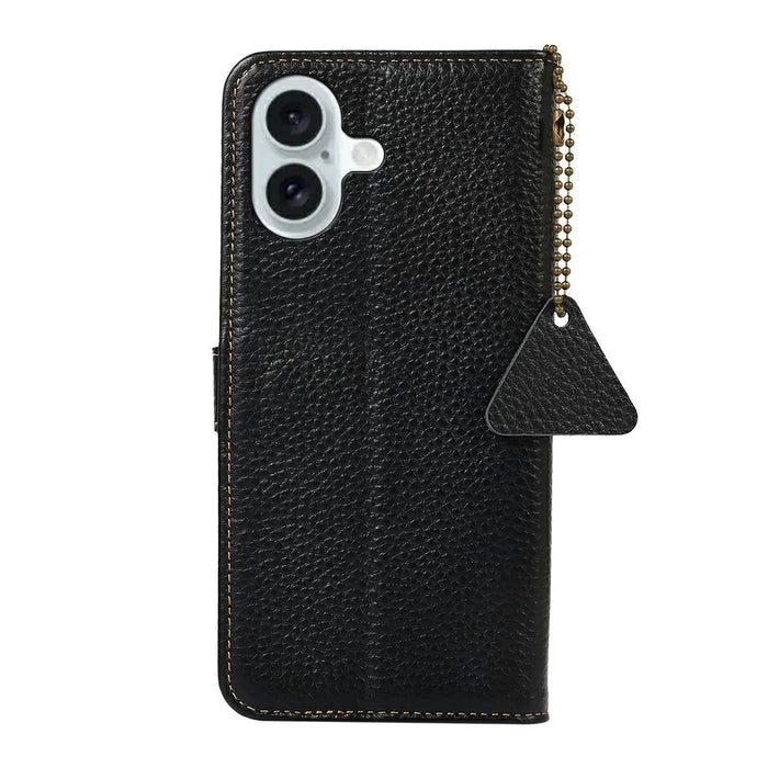 For iPhone 17 Case RFID Blocking Genuine Cow Leather Phone Cover Litchi Texture - Black - 7