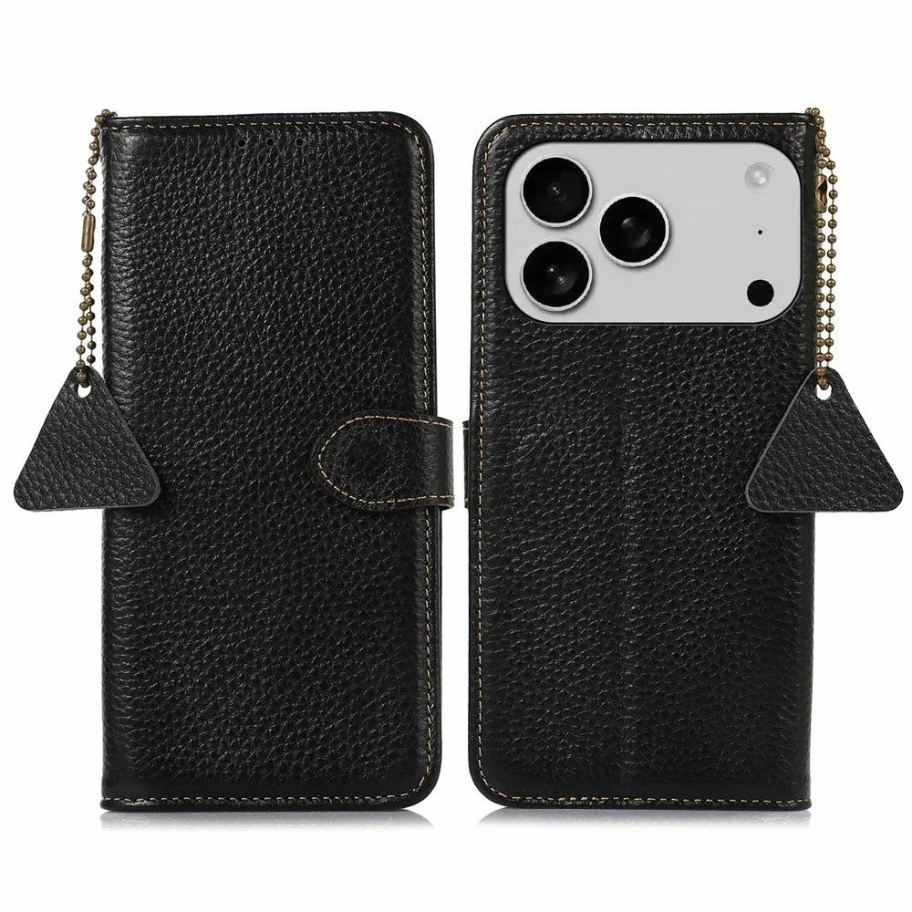 For iPhone 18 Pro / 17 Pro Case RFID Blocking Genuine Cow Leather Phone Cover Litchi Texture - Black - 1
