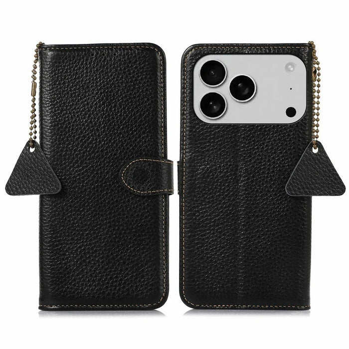 For iPhone 18 Pro Max / 17 Pro Max Case RFID Blocking Genuine Cow Leather Phone Cover Litchi Texture - Black - 1