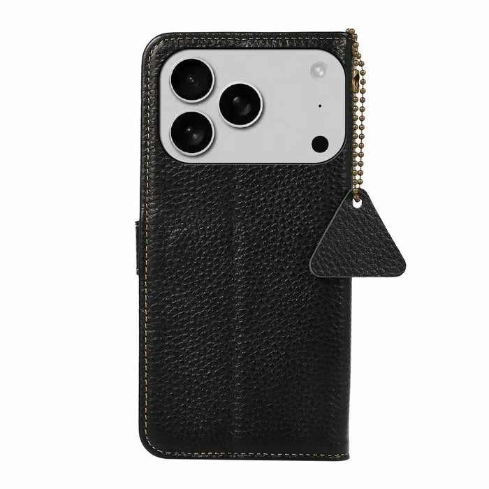 For iPhone 18 Pro Max / 17 Pro Max Case RFID Blocking Genuine Cow Leather Phone Cover Litchi Texture - Black - 7