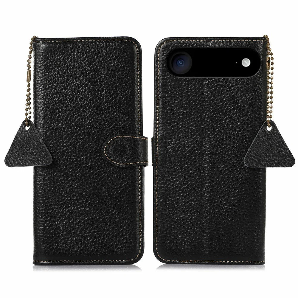 For iPhone Air Case RFID Blocking Genuine Cow Leather Phone Cover Litchi Texture - Black - 1