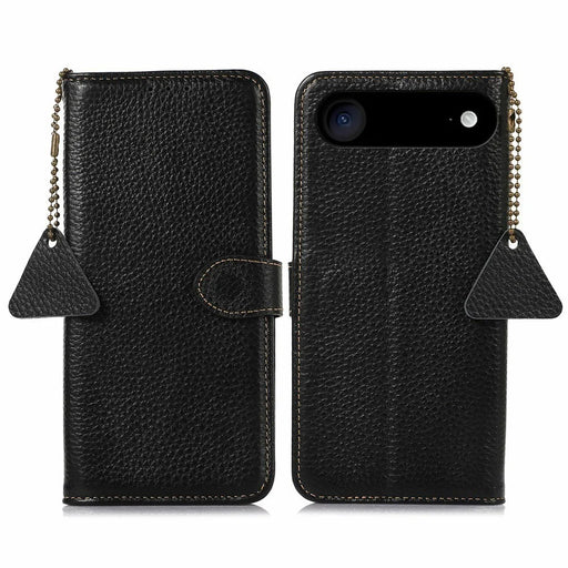 For iPhone Air Case RFID Blocking Genuine Cow Leather Phone Cover Litchi Texture - Black - 1