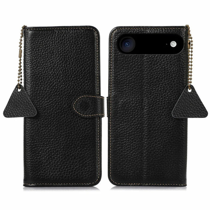 For iPhone Air Case RFID Blocking Genuine Cow Leather Phone Cover Litchi Texture - Black - 1
