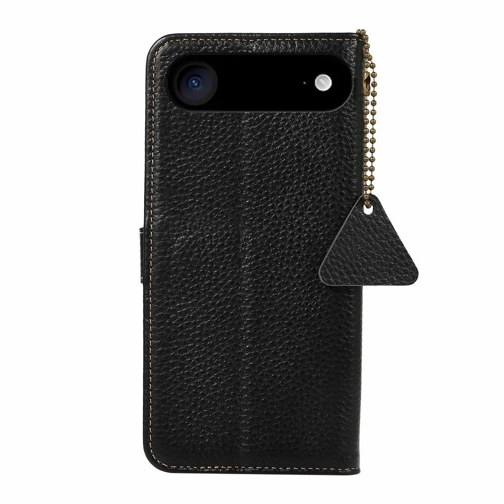 For iPhone Air Case RFID Blocking Genuine Cow Leather Phone Cover Litchi Texture - Black - 7