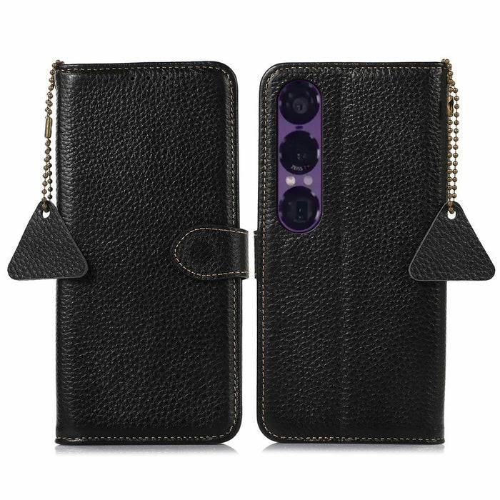 For Sony Xperia 1 VII Case RFID Blocking Genuine Cow Leather Phone Cover Litchi Texture - Black - 1
