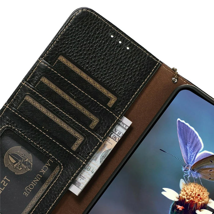 For Sony Xperia 1 VII Case RFID Blocking Genuine Cow Leather Phone Cover Litchi Texture - Black - 5