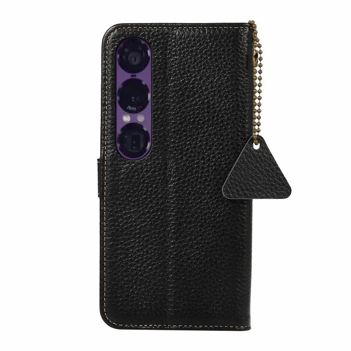 For Sony Xperia 1 VII Case RFID Blocking Genuine Cow Leather Phone Cover Litchi Texture - Black - 7