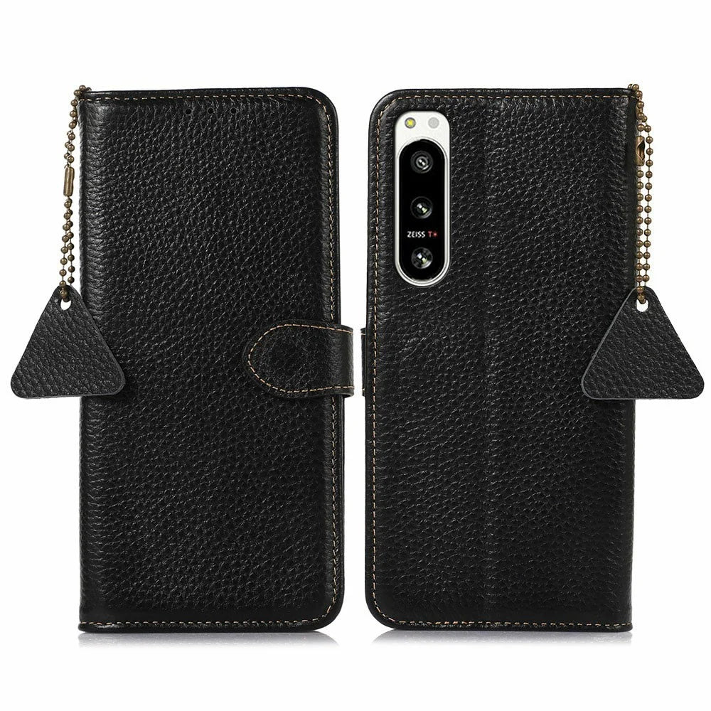 For Sony Xperia 5 IV 5G Case RFID Blocking Genuine Cow Leather Phone Cover Litchi Texture - Black - 1