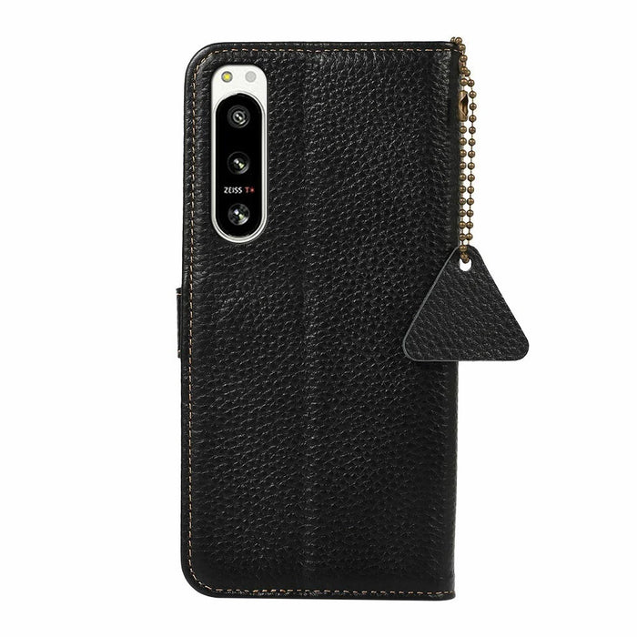For Sony Xperia 5 IV 5G Case RFID Blocking Genuine Cow Leather Phone Cover Litchi Texture - Black - 7