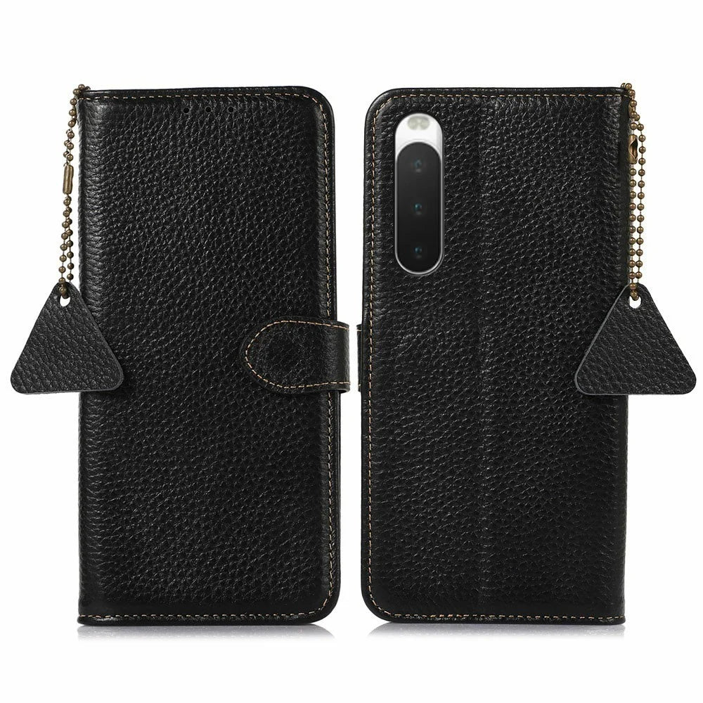 For Sony Xperia 10 IV 5G Case RFID Blocking Genuine Cow Leather Phone Cover Litchi Texture - Black - 1