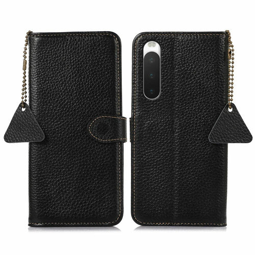 For Sony Xperia 10 IV 5G Case RFID Blocking Genuine Cow Leather Phone Cover Litchi Texture - Black - 1