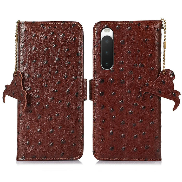 For Sony Xperia 10 IV 5G Case RFID Blocking Genuine Cow Leather Phone Case Ostrich Texture - Coffee - 1