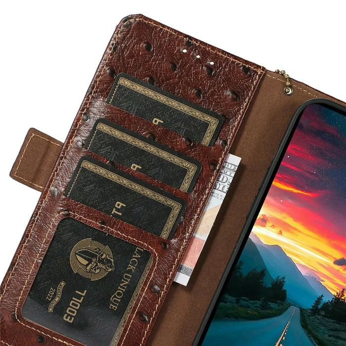 For Sony Xperia 10 IV 5G Case RFID Blocking Genuine Cow Leather Phone Case Ostrich Texture - Coffee - 5