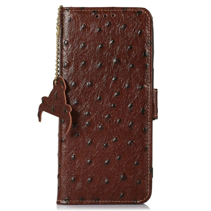 For Sony Xperia 10 IV 5G Case RFID Blocking Genuine Cow Leather Phone Case Ostrich Texture - Coffee - 6