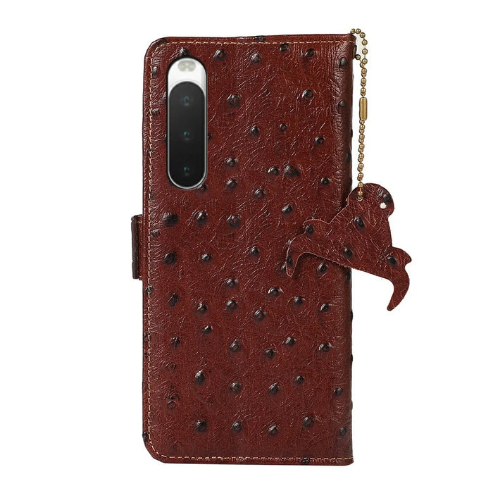 For Sony Xperia 10 IV 5G Case RFID Blocking Genuine Cow Leather Phone Case Ostrich Texture - Coffee - 7