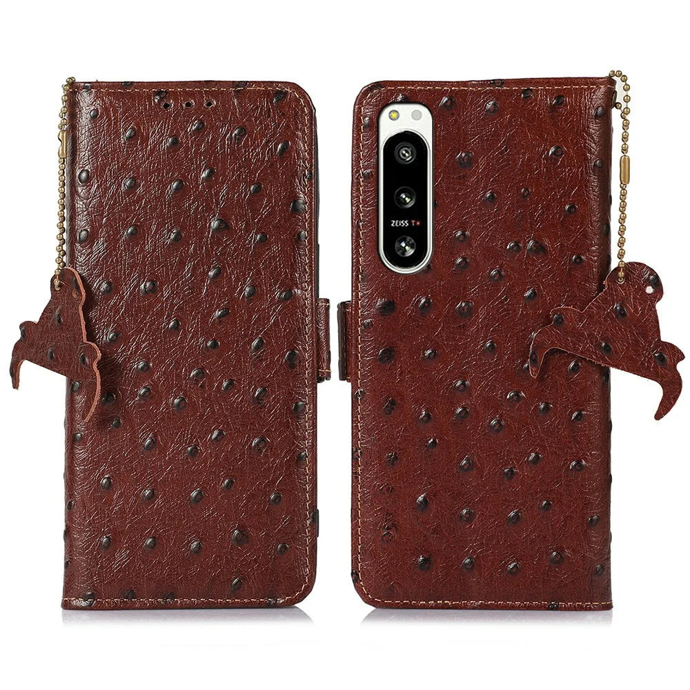 For Sony Xperia 5 IV 5G Case RFID Blocking Genuine Cow Leather Phone Case Ostrich Texture - Coffee - 1