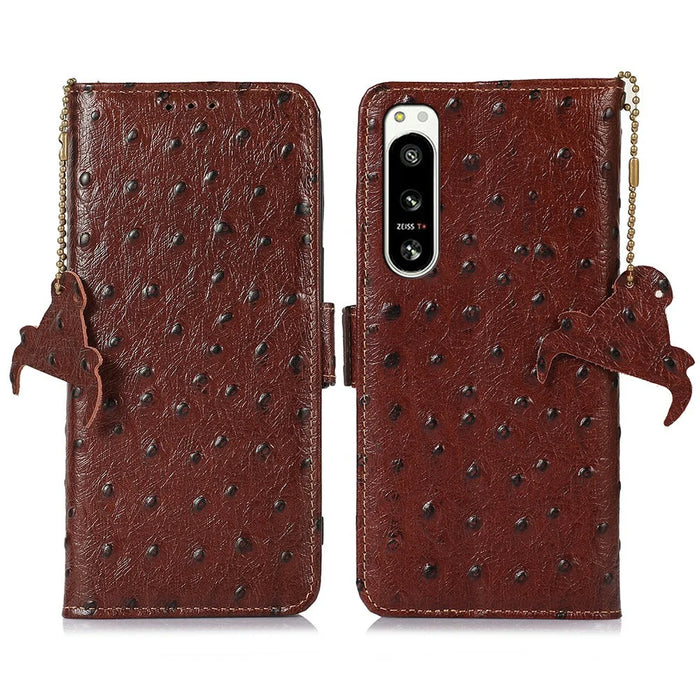 For Sony Xperia 5 IV 5G Case RFID Blocking Genuine Cow Leather Phone Case Ostrich Texture - Coffee - 1