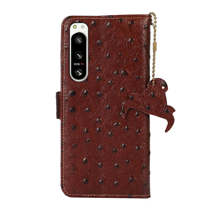 For Sony Xperia 5 IV 5G Case RFID Blocking Genuine Cow Leather Phone Case Ostrich Texture - Coffee - 7