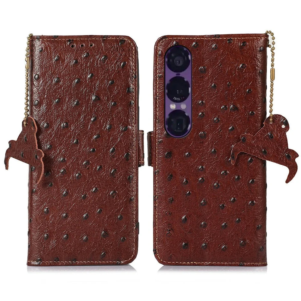 For Sony Xperia 1 VII Case RFID Blocking Genuine Cow Leather Phone Case Ostrich Texture - Coffee - 1