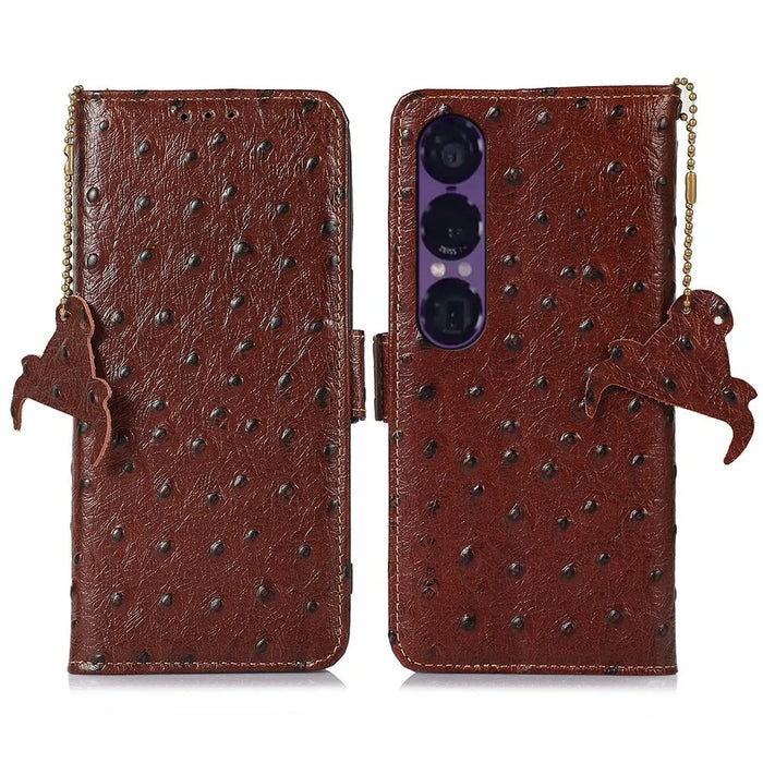 For Sony Xperia 1 VII Case RFID Blocking Genuine Cow Leather Phone Case Ostrich Texture - Coffee - 1