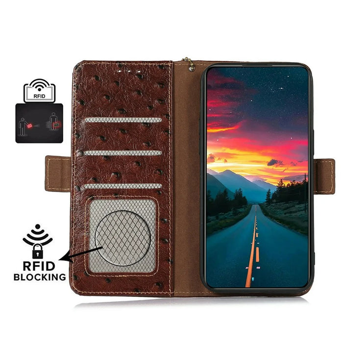 For Sony Xperia 1 VII Case RFID Blocking Genuine Cow Leather Phone Case Ostrich Texture - Coffee - 4