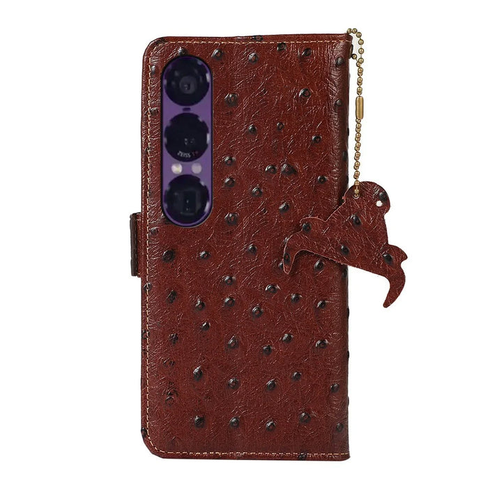 For Sony Xperia 1 VII Case RFID Blocking Genuine Cow Leather Phone Case Ostrich Texture - Coffee - 7