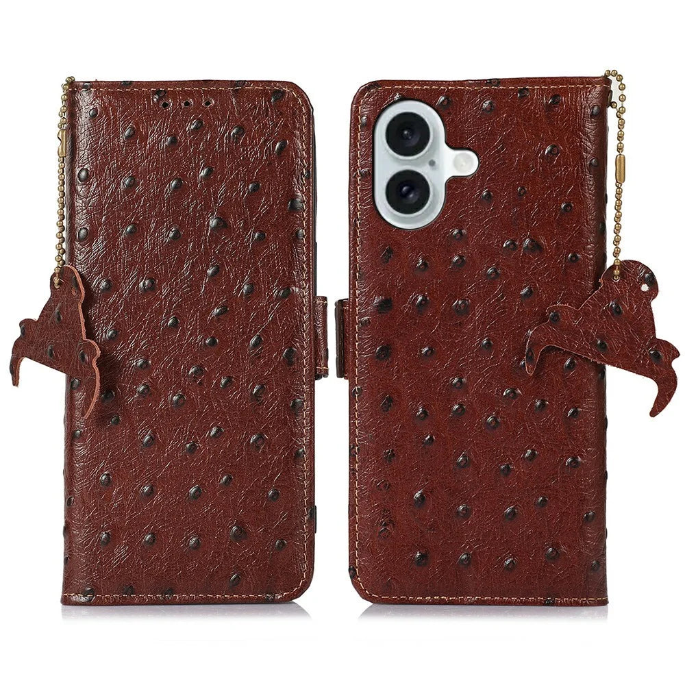 For iPhone 17 Case RFID Blocking Genuine Cow Leather Phone Case Ostrich Texture - Coffee - 1
