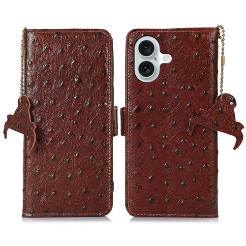 For iPhone 17 Case RFID Blocking Genuine Cow Leather Phone Case Ostrich Texture - Coffee - 1