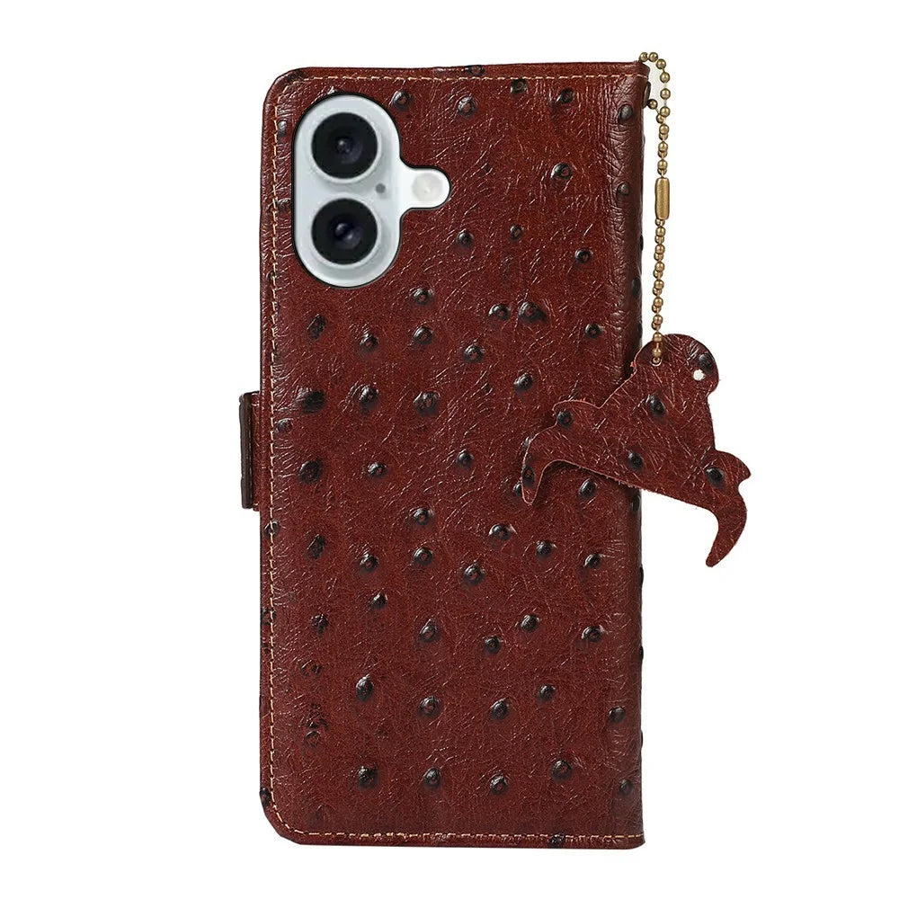 For iPhone 17 Case RFID Blocking Genuine Cow Leather Phone Case Ostrich Texture - Coffee - 7