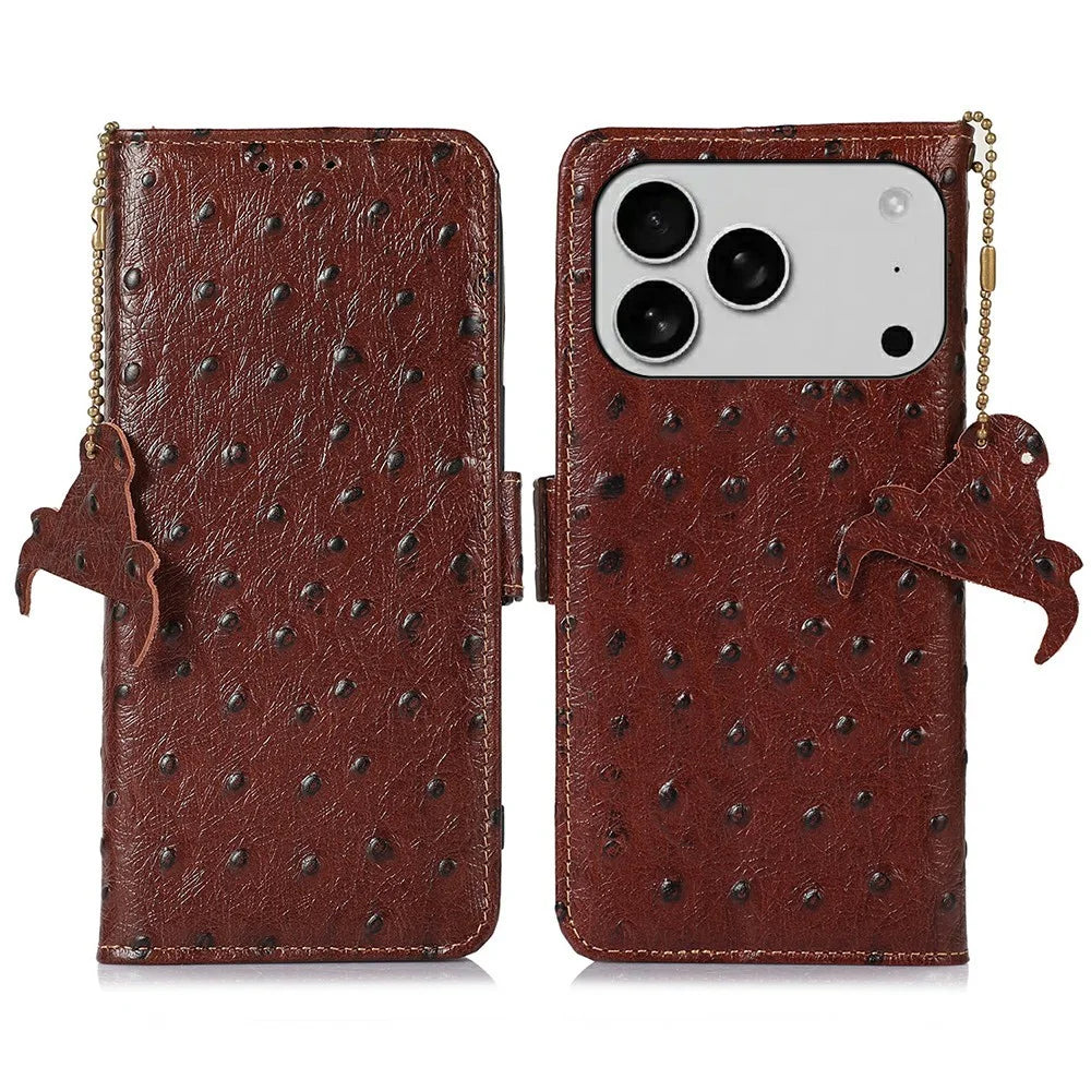For iPhone 18 Pro / 17 Pro Case RFID Blocking Genuine Cow Leather Phone Case Ostrich Texture - Coffee - 1