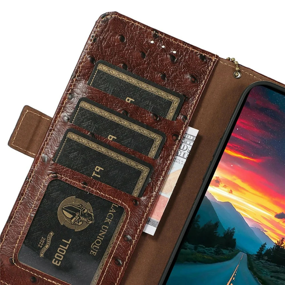 For iPhone 18 Pro / 17 Pro Case RFID Blocking Genuine Cow Leather Phone Case Ostrich Texture - Coffee - 5