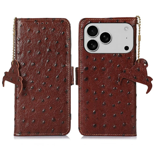 For iPhone 18 Pro Max / 17 Pro Max Case RFID Blocking Genuine Cow Leather Phone Case Ostrich Texture - Coffee - 1