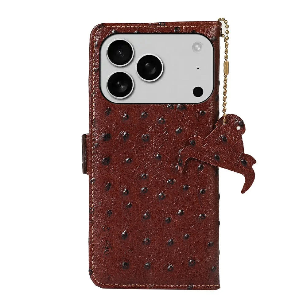 For iPhone 18 Pro Max / 17 Pro Max Case RFID Blocking Genuine Cow Leather Phone Case Ostrich Texture - Coffee - 7