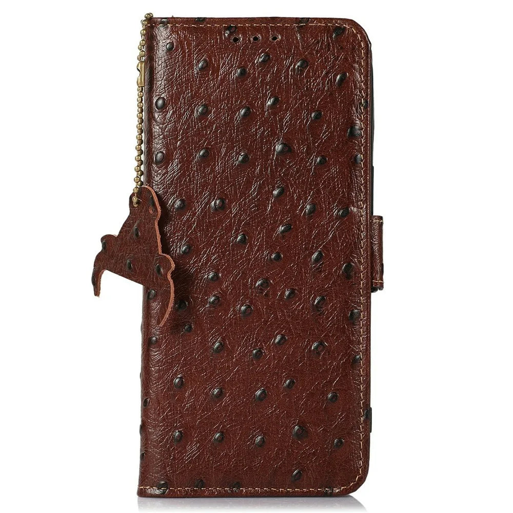 For iPhone Air Case RFID Blocking Genuine Cow Leather Phone Case Ostrich Texture - Coffee - 6