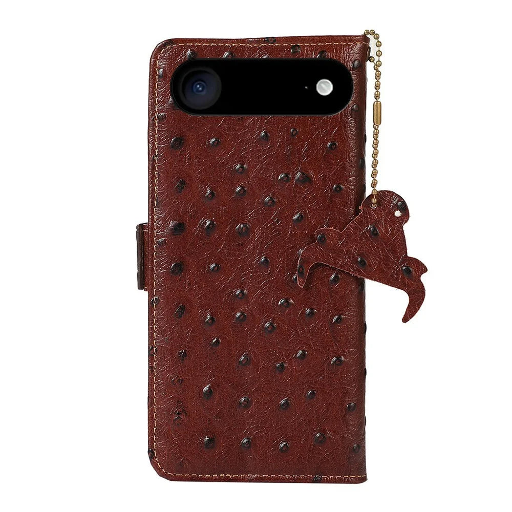 For iPhone Air Case RFID Blocking Genuine Cow Leather Phone Case Ostrich Texture - Coffee - 7
