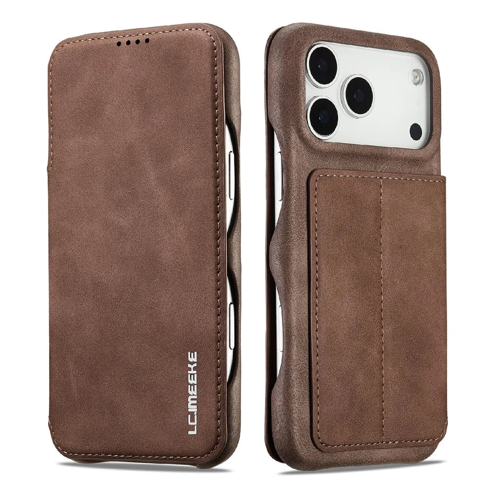LC.IMEEKE For iPhone 18 Pro / 17 Pro Case Card Holder Stand Leather Phone Cover - Coffee - 1