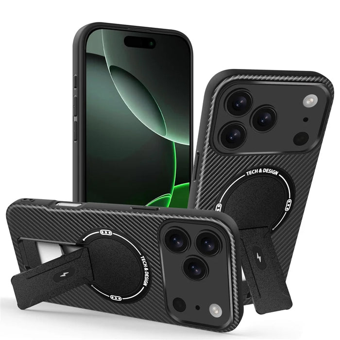 For iPhone 17 Pro Max Case with Kickstand Carbon Fiber Texture PC + TPU Phone Cover - Black - 1