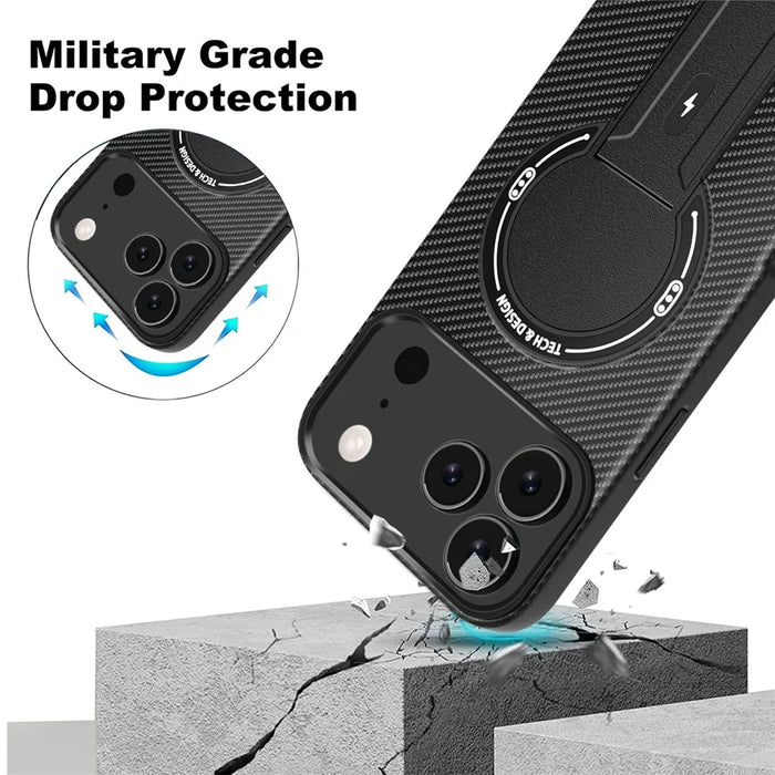 For iPhone 17 Pro Max Case with Kickstand Carbon Fiber Texture PC + TPU Phone Cover - Black - 4