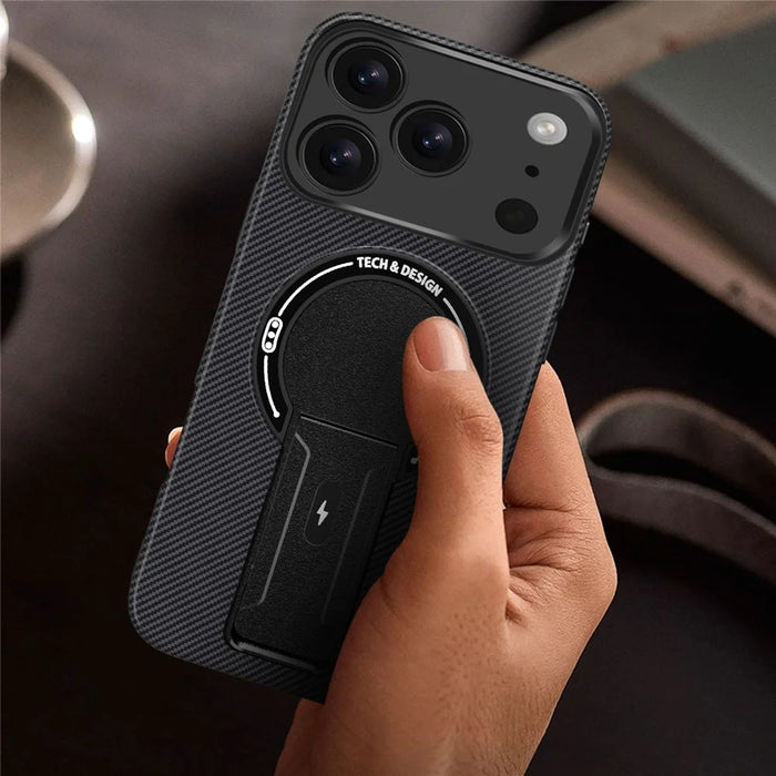 For iPhone 17 Pro Max Case with Kickstand Carbon Fiber Texture PC + TPU Phone Cover - Black - 6