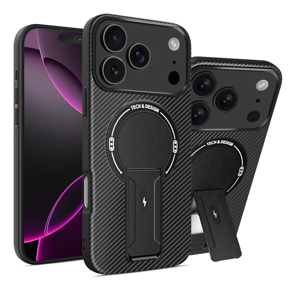 For iPhone 17 Pro Case with Kickstand Carbon Fiber Texture PC + TPU Phone Cover - Black - 1