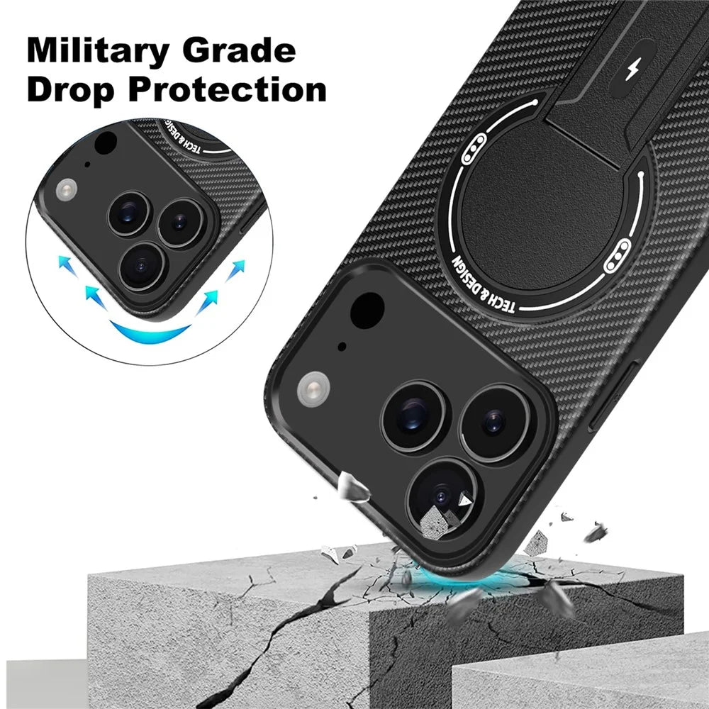 For iPhone 17 Pro Case with Kickstand Carbon Fiber Texture PC + TPU Phone Cover - Black - 4