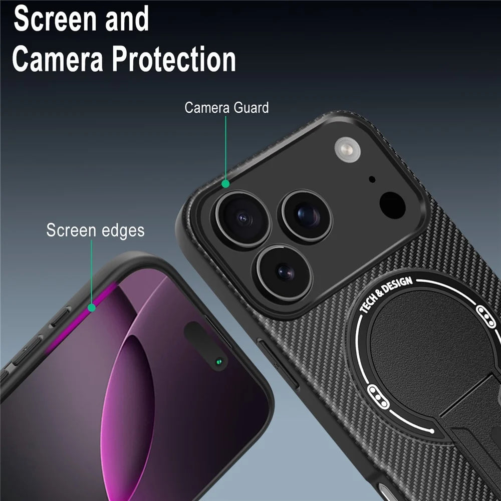 For iPhone 17 Pro Case with Kickstand Carbon Fiber Texture PC + TPU Phone Cover - Black - 5