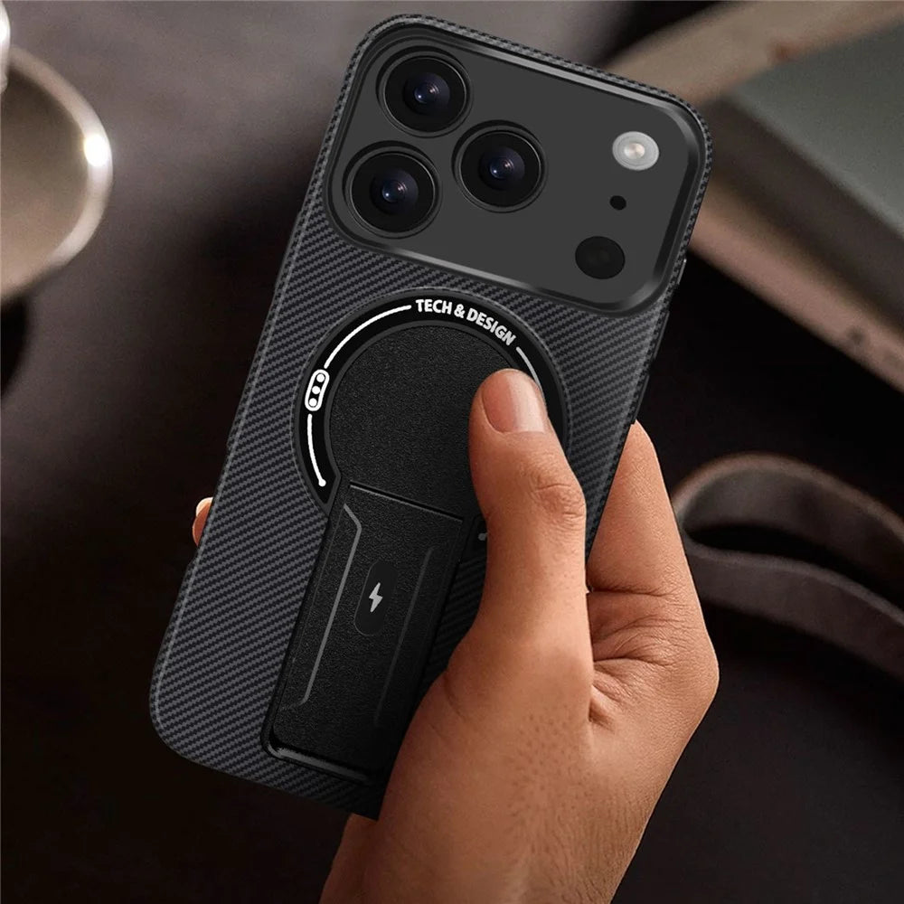For iPhone 17 Pro Case with Kickstand Carbon Fiber Texture PC + TPU Phone Cover - Black - 6