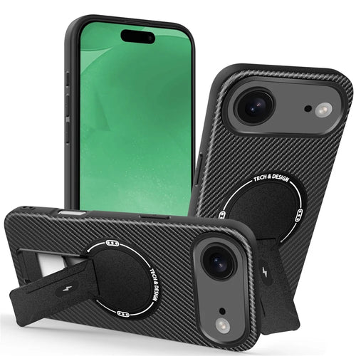 For iPhone Air Case with Kickstand Carbon Fiber Texture PC + TPU Phone Cover - Black - 1