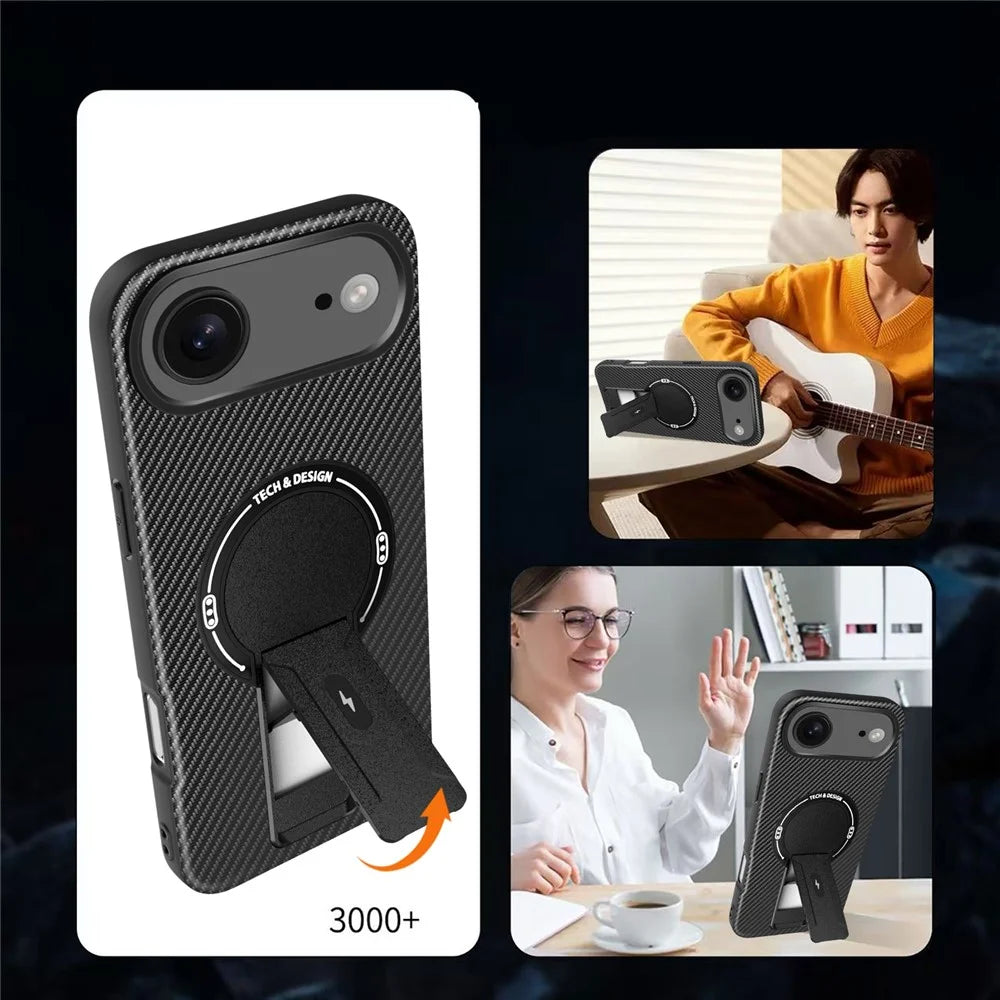 For iPhone Air Case with Kickstand Carbon Fiber Texture PC + TPU Phone Cover - Black - 2